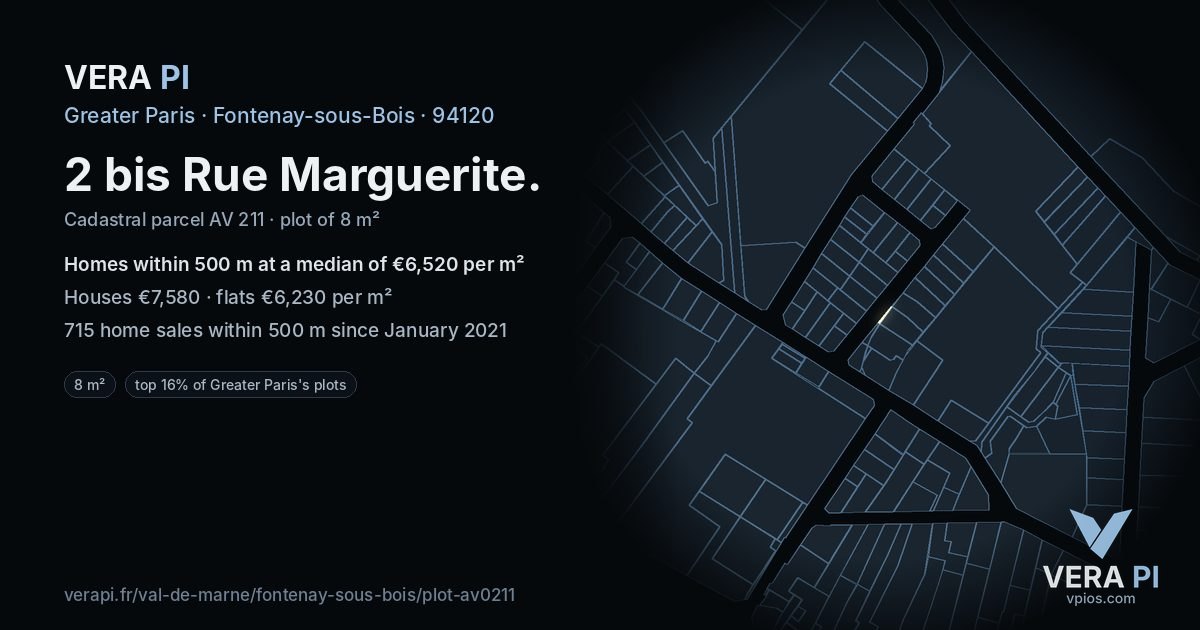 2 bis Rue Marguerite, Fontenay-sous-Bois at night – the plot lit, the parcels around coloured by the prices near them