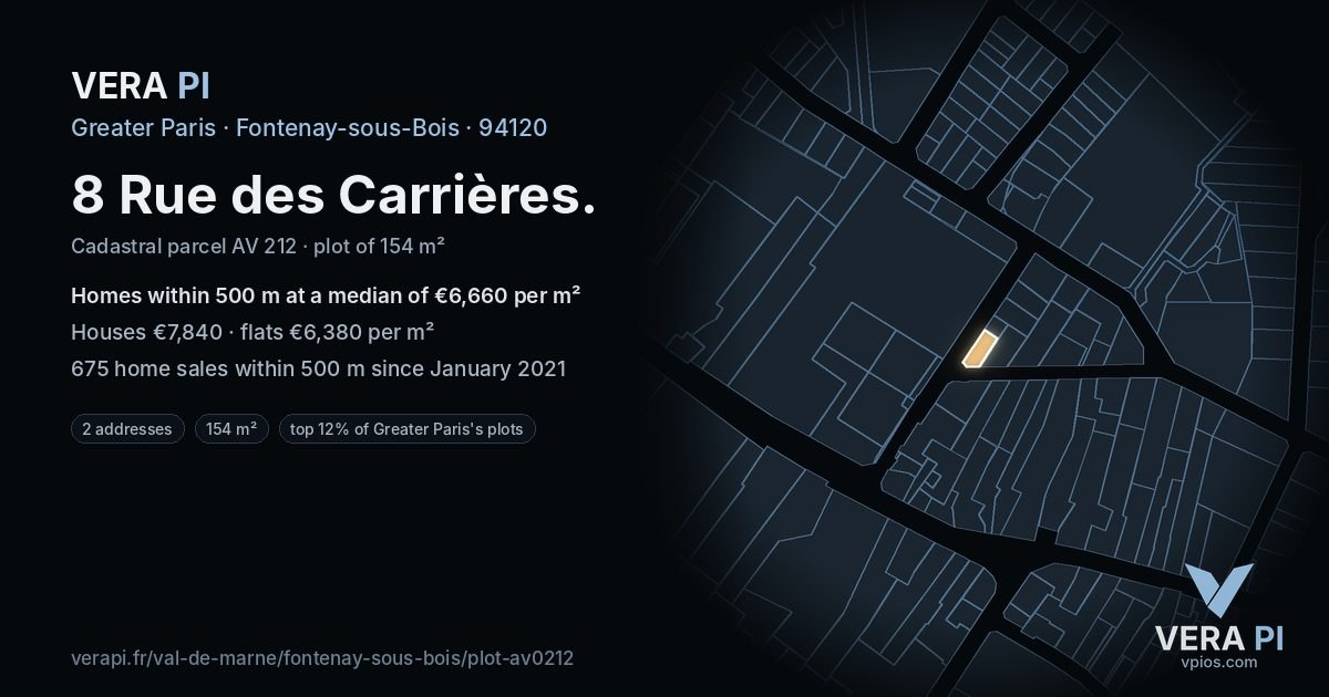 8 Rue des Carrières, Fontenay-sous-Bois at night – the plot lit, the parcels around coloured by the prices near them