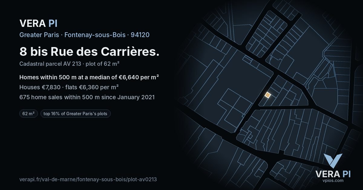 8 bis Rue des Carrières, Fontenay-sous-Bois at night – the plot lit, the parcels around coloured by the prices near them