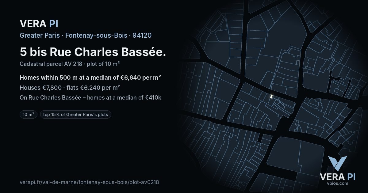 5 bis Rue Charles Bassée, Fontenay-sous-Bois at night – the plot lit, the parcels around coloured by the prices near them