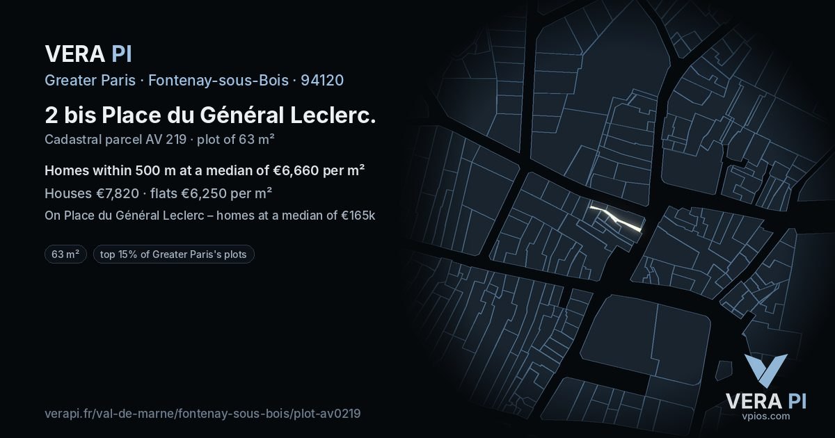 2 bis Place du Général Leclerc, Fontenay-sous-Bois at night – the plot lit, the parcels around coloured by the prices near them