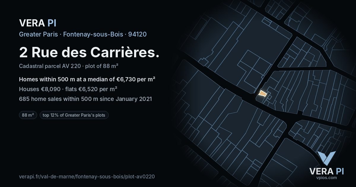 2 Rue des Carrières, Fontenay-sous-Bois at night – the plot lit, the parcels around coloured by the prices near them