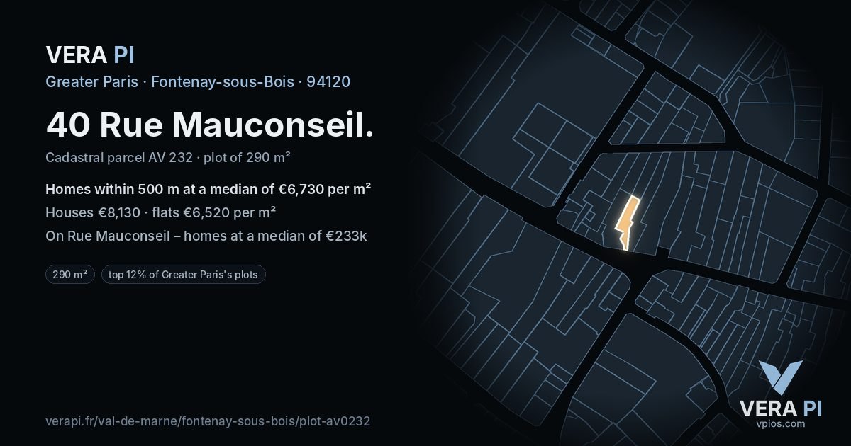 40 Rue Mauconseil, Fontenay-sous-Bois at night – the plot lit, the parcels around coloured by the prices near them