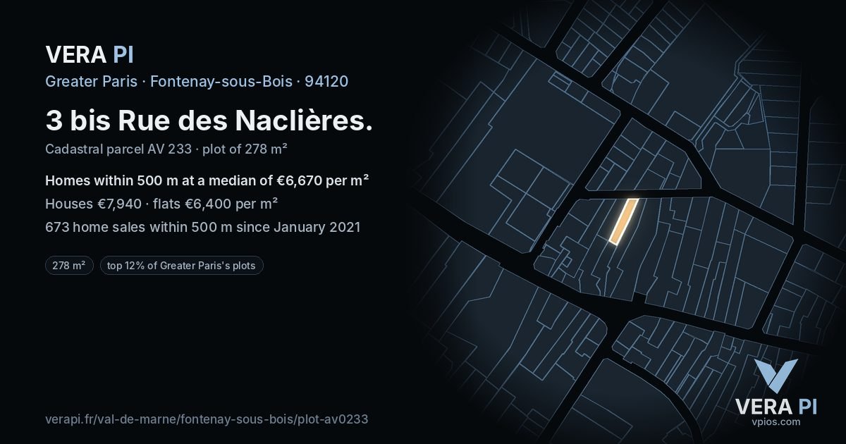 3 bis Rue des Naclières, Fontenay-sous-Bois at night – the plot lit, the parcels around coloured by the prices near them