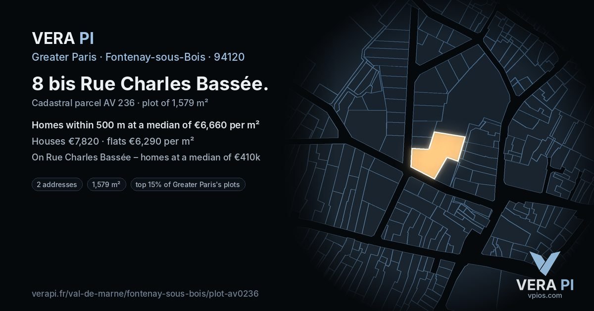8 bis Rue Charles Bassée, Fontenay-sous-Bois at night – the plot lit, the parcels around coloured by the prices near them