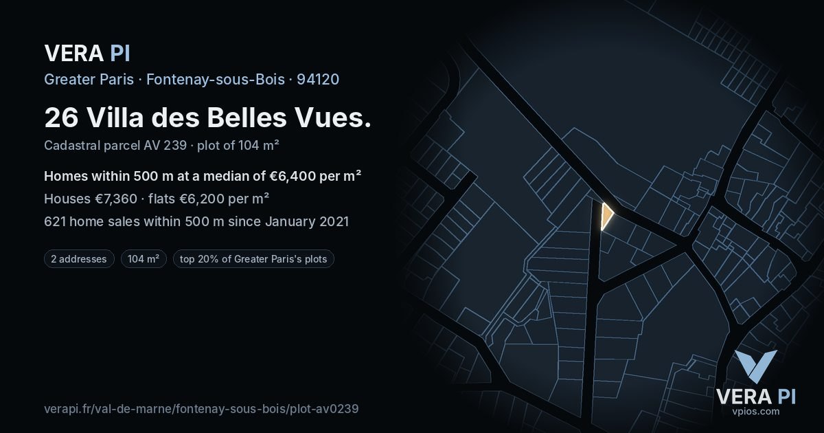 26 Villa des Belles Vues, Fontenay-sous-Bois at night – the plot lit, the parcels around coloured by the prices near them