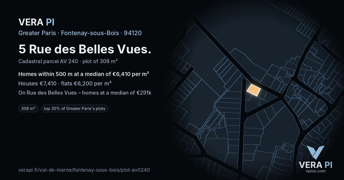5 Rue des Belles Vues, Fontenay-sous-Bois at night – the plot lit, the parcels around coloured by the prices near them