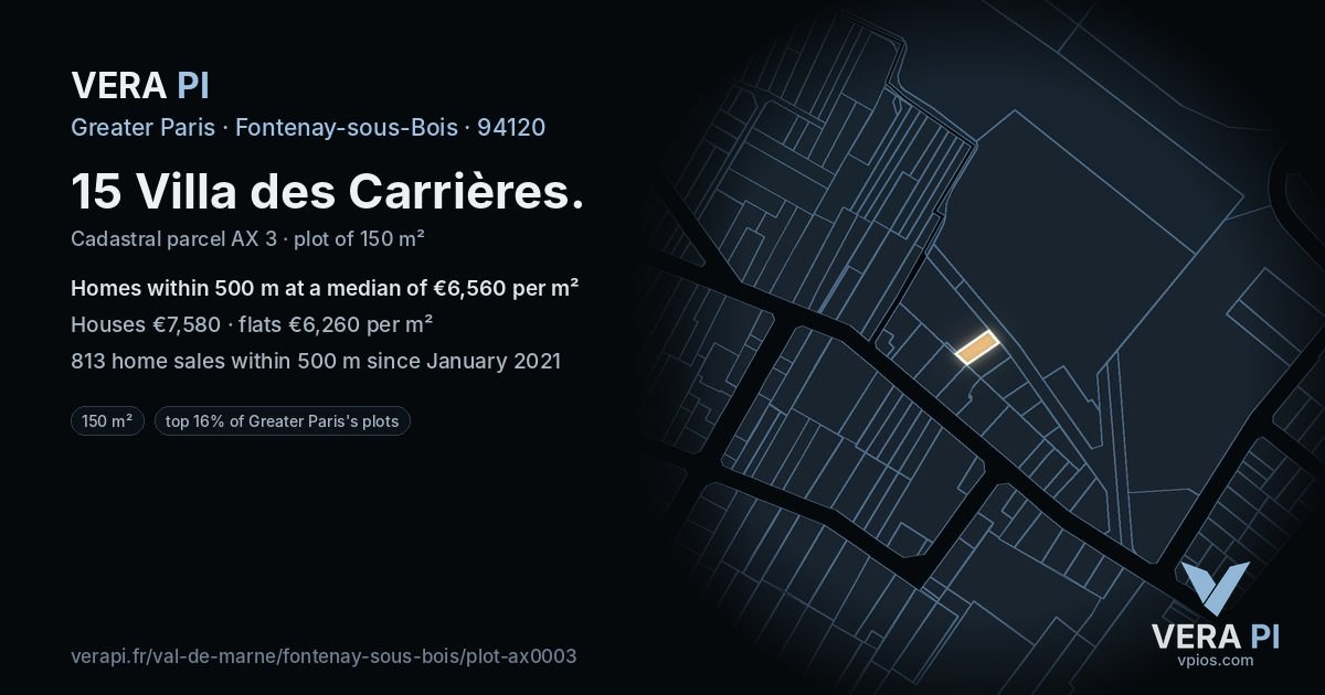 15 Villa des Carrières, Fontenay-sous-Bois at night – the plot lit, the parcels around coloured by the prices near them