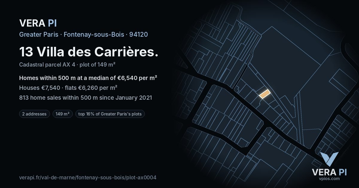 13 Villa des Carrières, Fontenay-sous-Bois at night – the plot lit, the parcels around coloured by the prices near them