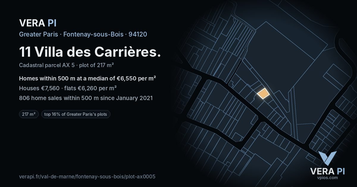 11 Villa des Carrières, Fontenay-sous-Bois at night – the plot lit, the parcels around coloured by the prices near them