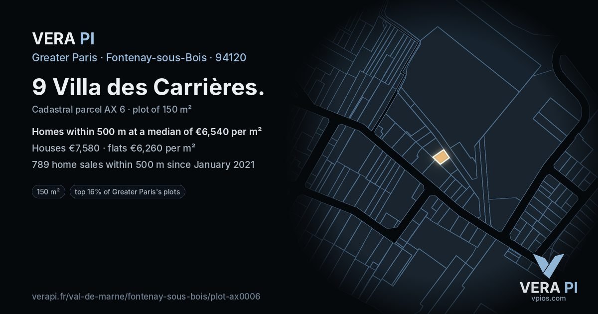 9 Villa des Carrières, Fontenay-sous-Bois at night – the plot lit, the parcels around coloured by the prices near them
