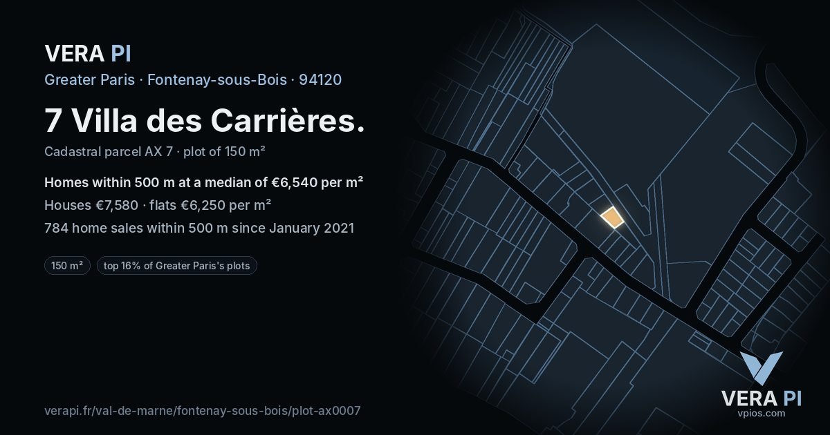 7 Villa des Carrières, Fontenay-sous-Bois at night – the plot lit, the parcels around coloured by the prices near them