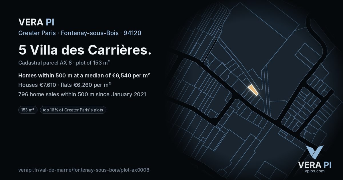 5 Villa des Carrières, Fontenay-sous-Bois at night – the plot lit, the parcels around coloured by the prices near them
