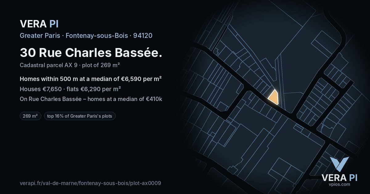 30 Rue Charles Bassée, Fontenay-sous-Bois at night – the plot lit, the parcels around coloured by the prices near them