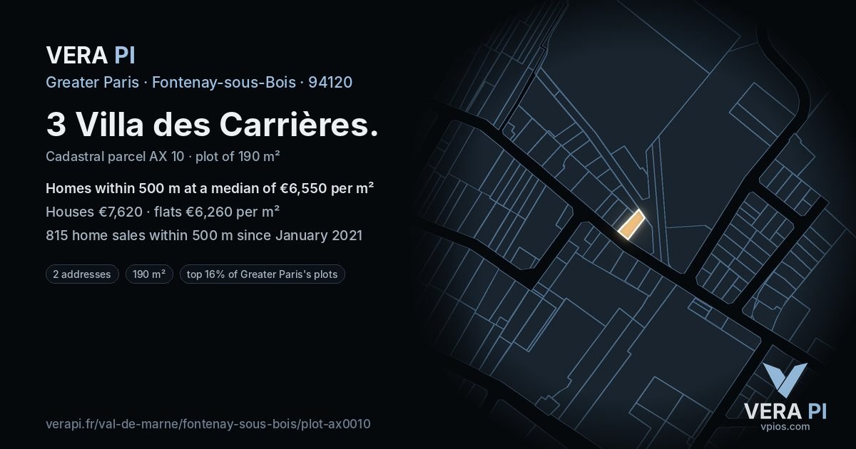3 Villa des Carrières, Fontenay-sous-Bois at night – the plot lit, the parcels around coloured by the prices near them