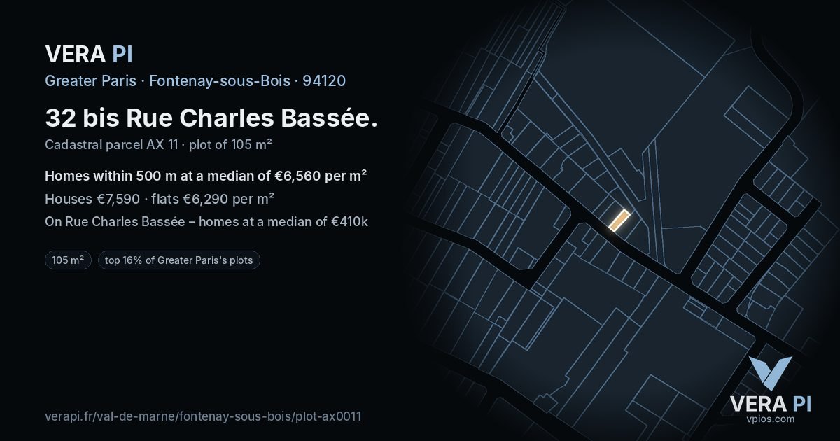 32 bis Rue Charles Bassée, Fontenay-sous-Bois at night – the plot lit, the parcels around coloured by the prices near them