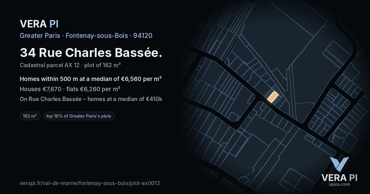 34 Rue Charles Bassée, Fontenay-sous-Bois at night – the plot lit, the parcels around coloured by the prices near them