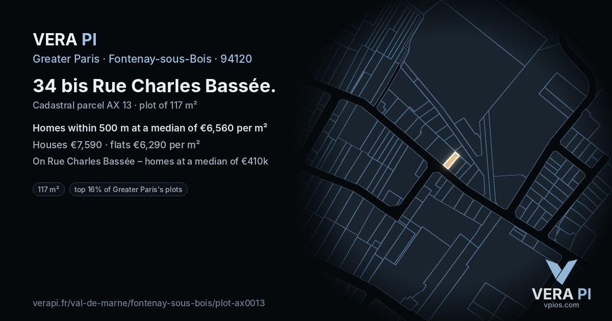 34 bis Rue Charles Bassée, Fontenay-sous-Bois at night – the plot lit, the parcels around coloured by the prices near them