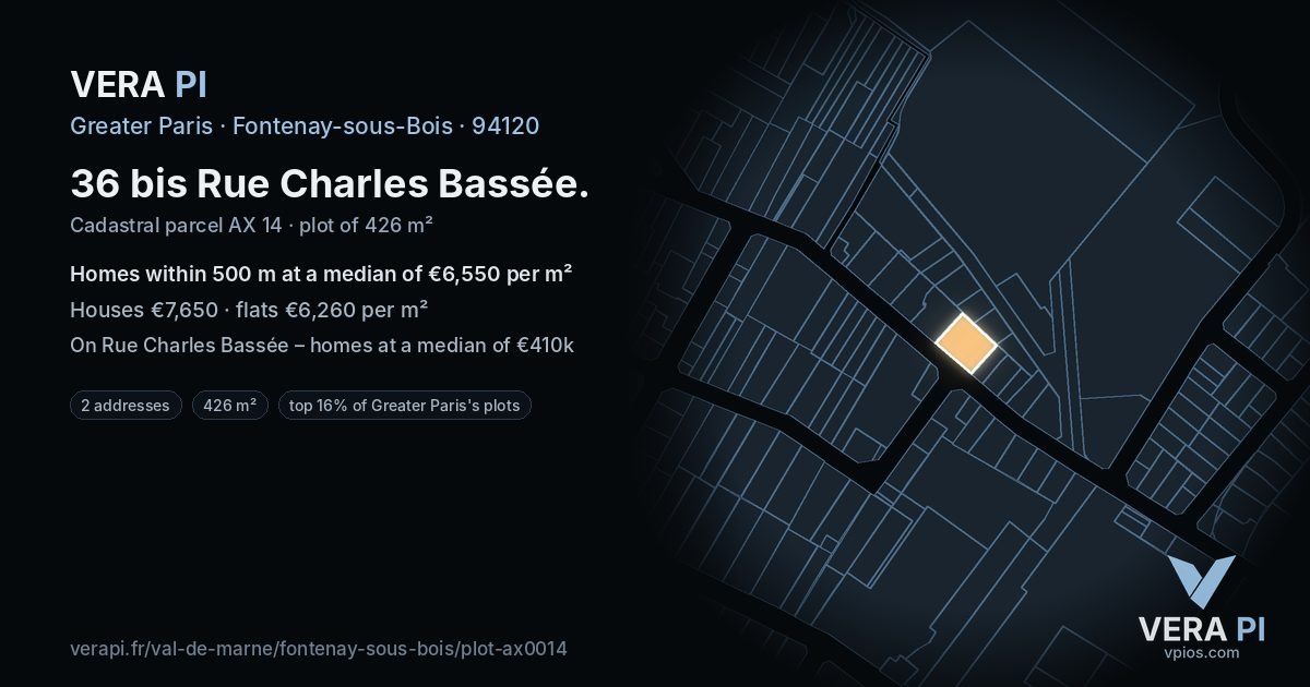 36 bis Rue Charles Bassée, Fontenay-sous-Bois at night – the plot lit, the parcels around coloured by the prices near them