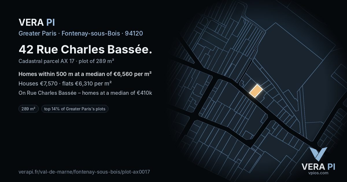 42 Rue Charles Bassée, Fontenay-sous-Bois at night – the plot lit, the parcels around coloured by the prices near them