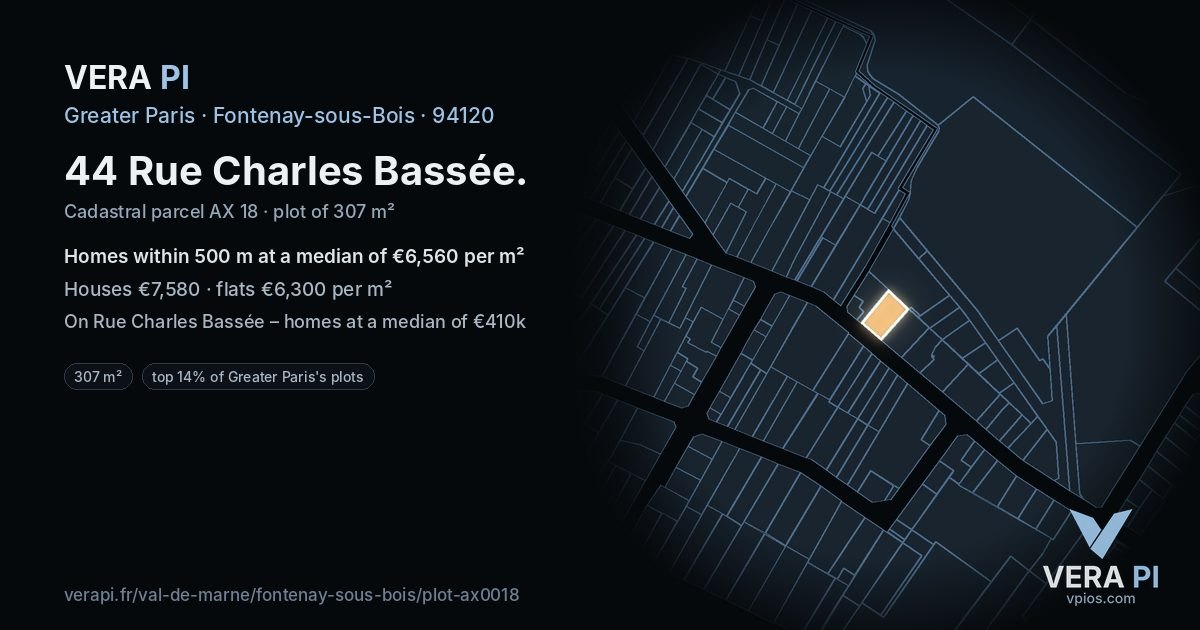 44 Rue Charles Bassée, Fontenay-sous-Bois at night – the plot lit, the parcels around coloured by the prices near them