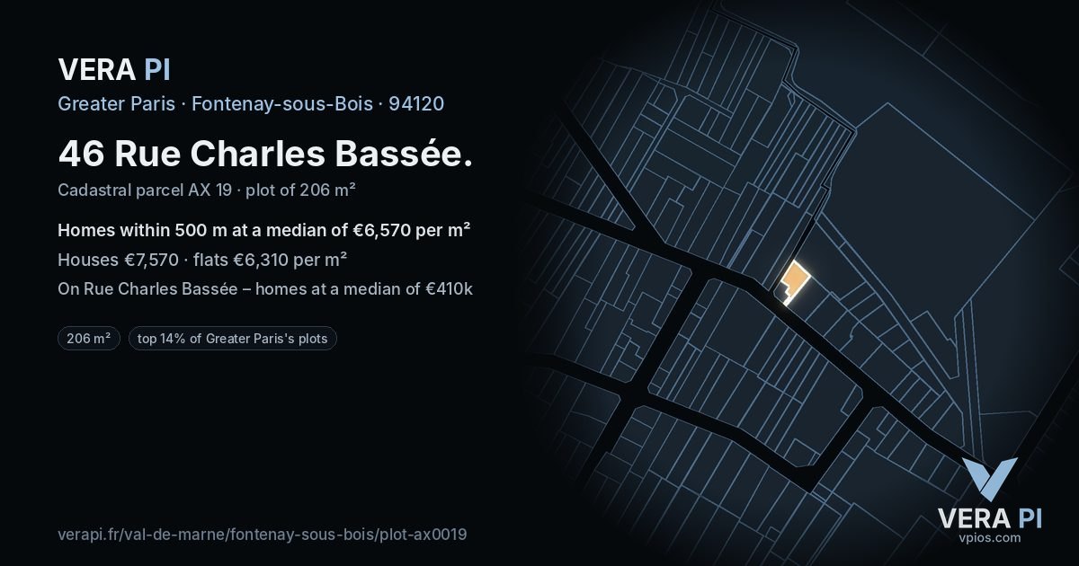 46 Rue Charles Bassée, Fontenay-sous-Bois at night – the plot lit, the parcels around coloured by the prices near them