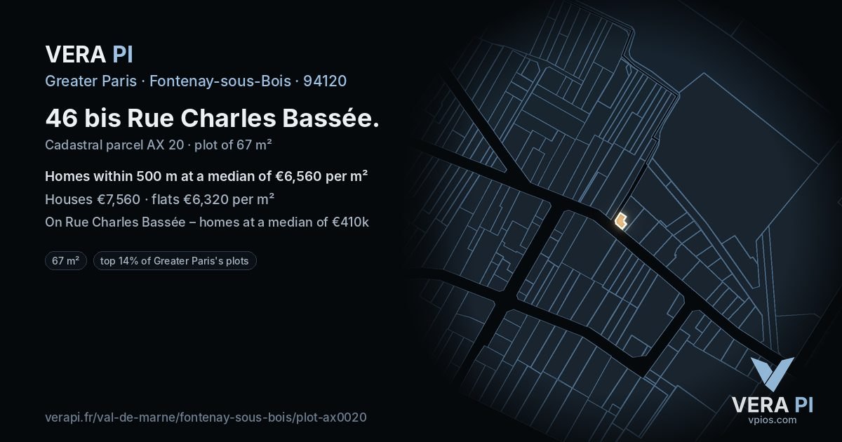 46 bis Rue Charles Bassée, Fontenay-sous-Bois at night – the plot lit, the parcels around coloured by the prices near them