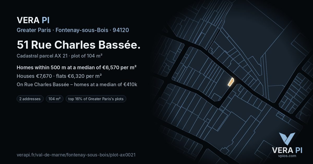 51 Rue Charles Bassée, Fontenay-sous-Bois at night – the plot lit, the parcels around coloured by the prices near them