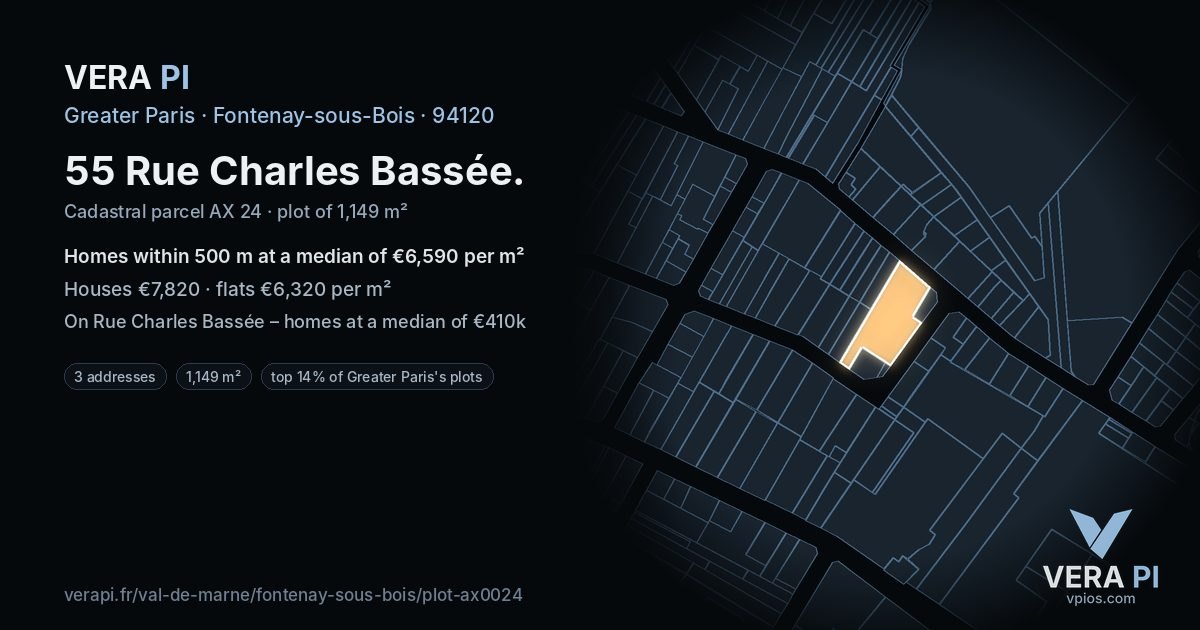 55 Rue Charles Bassée, Fontenay-sous-Bois at night – the plot lit, the parcels around coloured by the prices near them