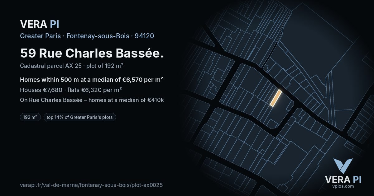 59 Rue Charles Bassée, Fontenay-sous-Bois at night – the plot lit, the parcels around coloured by the prices near them