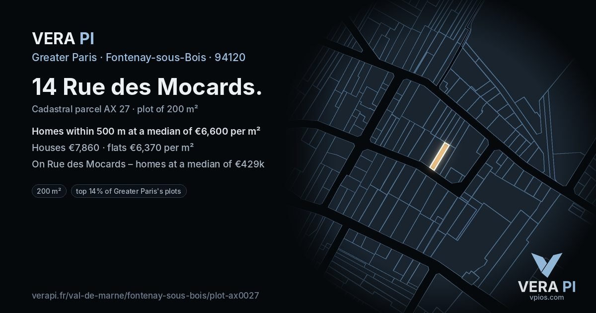 14 Rue des Mocards, Fontenay-sous-Bois at night – the plot lit, the parcels around coloured by the prices near them
