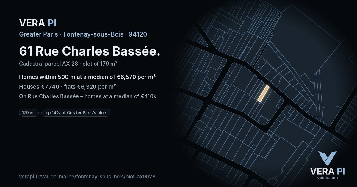 61 Rue Charles Bassée, Fontenay-sous-Bois at night – the plot lit, the parcels around coloured by the prices near them