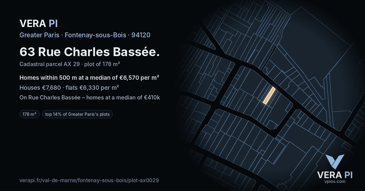 63 Rue Charles Bassée, Fontenay-sous-Bois at night – the plot lit, the parcels around coloured by the prices near them