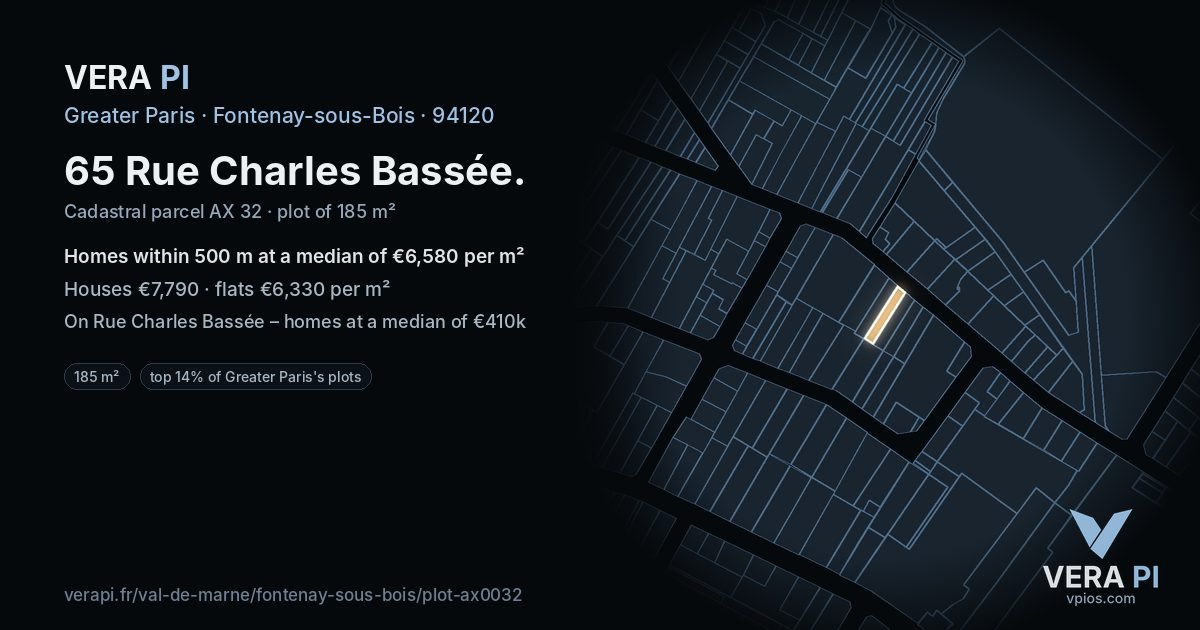 65 Rue Charles Bassée, Fontenay-sous-Bois at night – the plot lit, the parcels around coloured by the prices near them