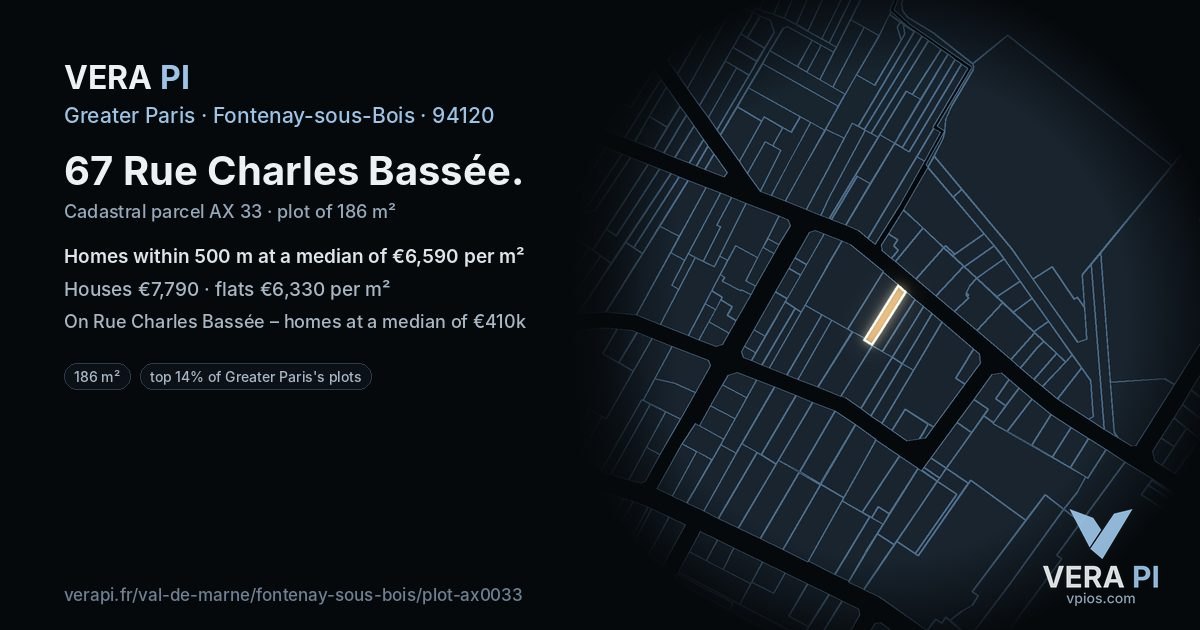 67 Rue Charles Bassée, Fontenay-sous-Bois at night – the plot lit, the parcels around coloured by the prices near them