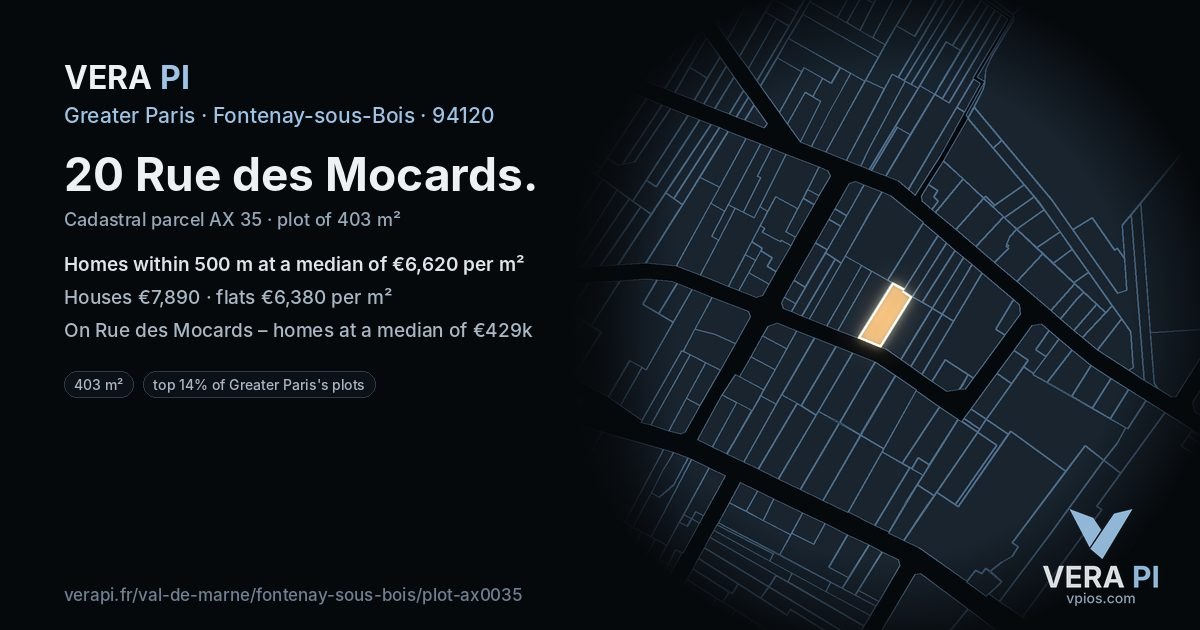 20 Rue des Mocards, Fontenay-sous-Bois at night – the plot lit, the parcels around coloured by the prices near them