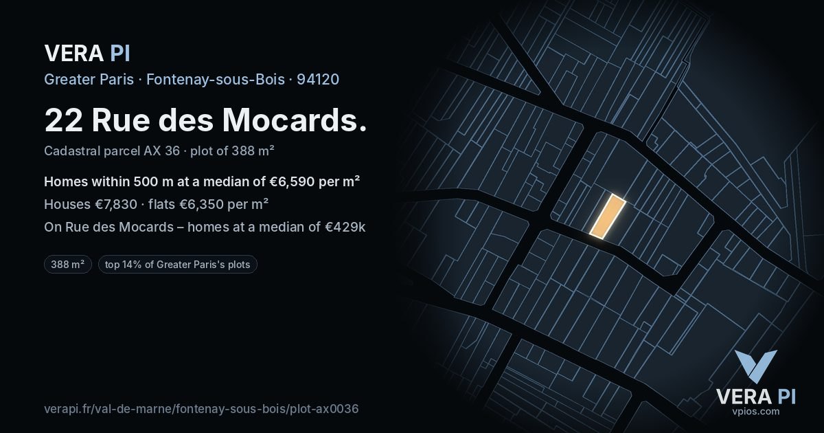 22 Rue des Mocards, Fontenay-sous-Bois at night – the plot lit, the parcels around coloured by the prices near them