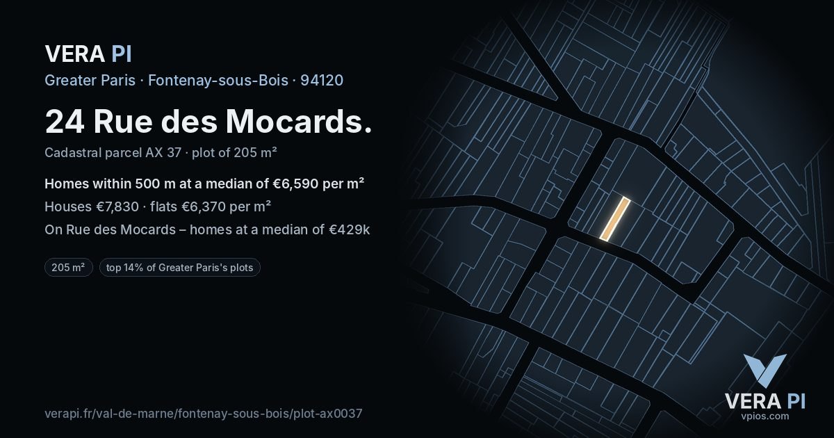 24 Rue des Mocards, Fontenay-sous-Bois at night – the plot lit, the parcels around coloured by the prices near them