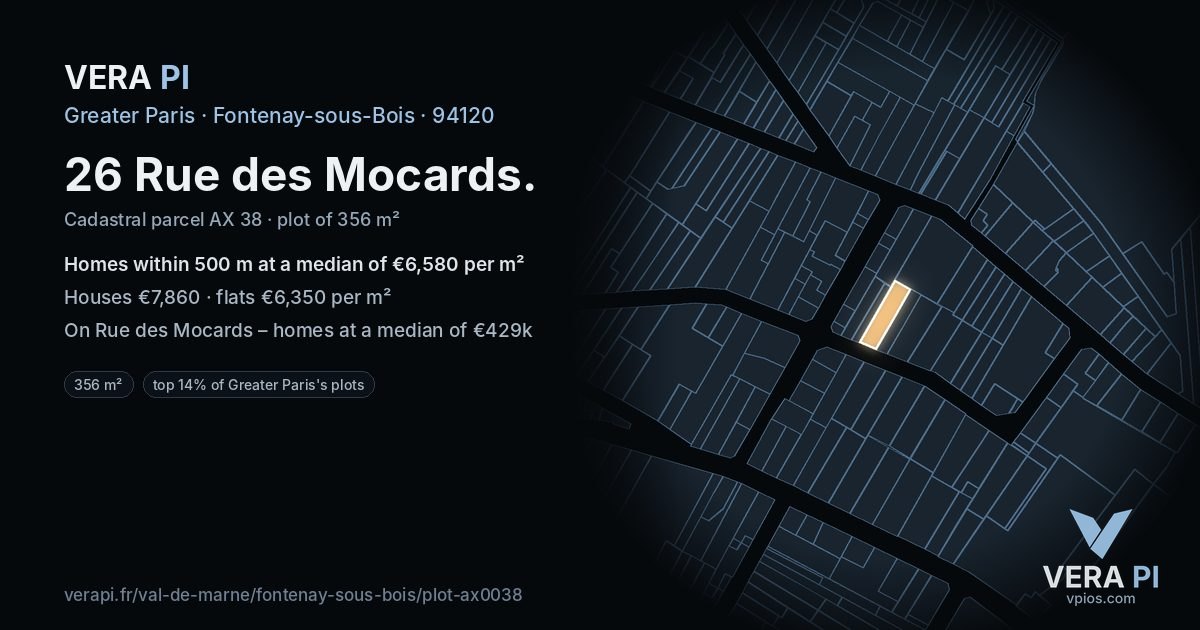 26 Rue des Mocards, Fontenay-sous-Bois at night – the plot lit, the parcels around coloured by the prices near them