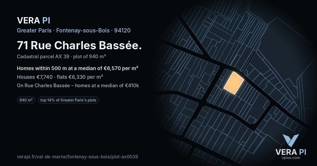 71 Rue Charles Bassée, Fontenay-sous-Bois at night – the plot lit, the parcels around coloured by the prices near them