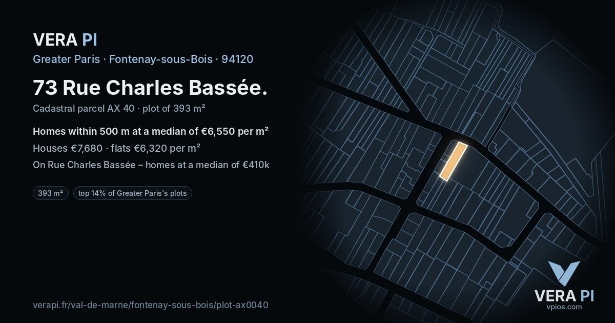 73 Rue Charles Bassée, Fontenay-sous-Bois at night – the plot lit, the parcels around coloured by the prices near them