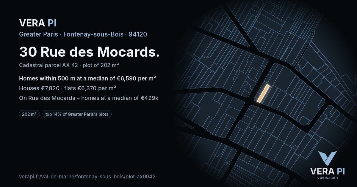 30 Rue des Mocards, Fontenay-sous-Bois at night – the plot lit, the parcels around coloured by the prices near them