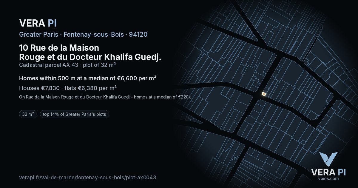 10 Rue de la Maison Rouge et du Docteur Khalifa Guedj, Fontenay-sous-Bois at night – the plot lit, the parcels around coloured by the prices near them