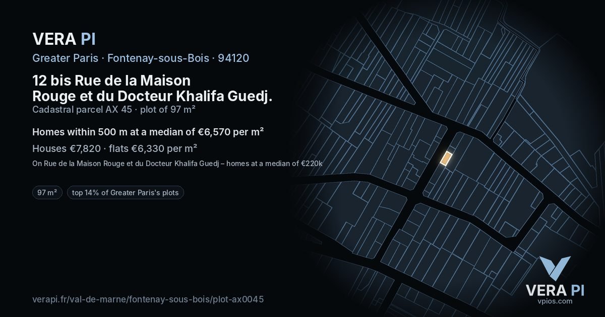 12 bis Rue de la Maison Rouge et du Docteur Khalifa Guedj, Fontenay-sous-Bois at night – the plot lit, the parcels around coloured by the prices near them