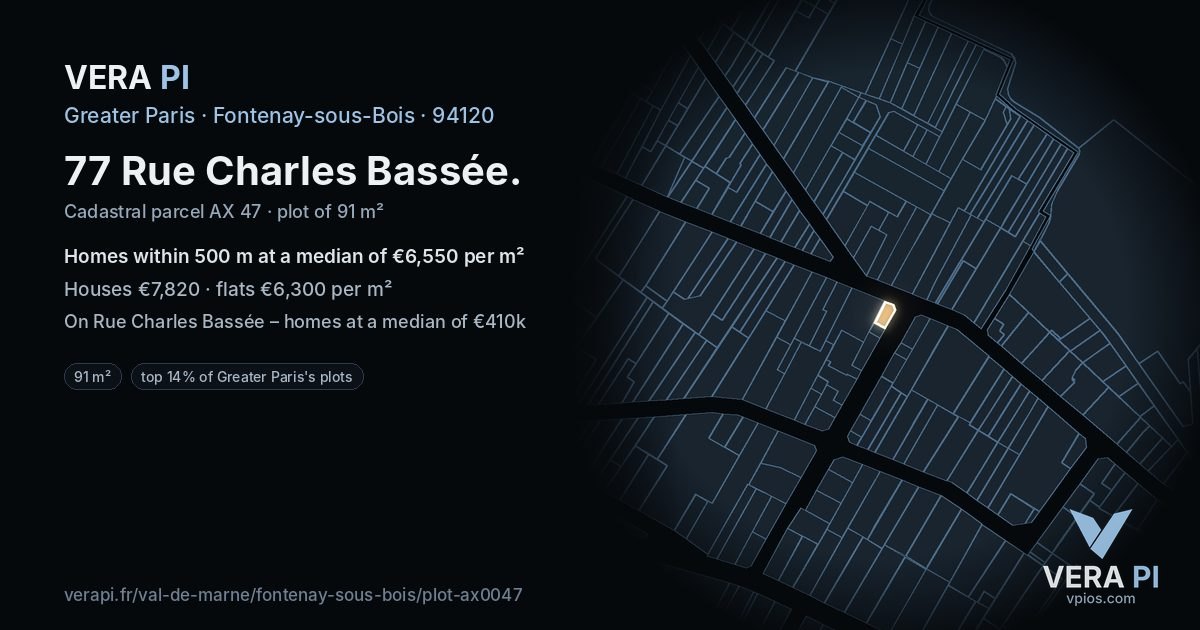 77 Rue Charles Bassée, Fontenay-sous-Bois at night – the plot lit, the parcels around coloured by the prices near them