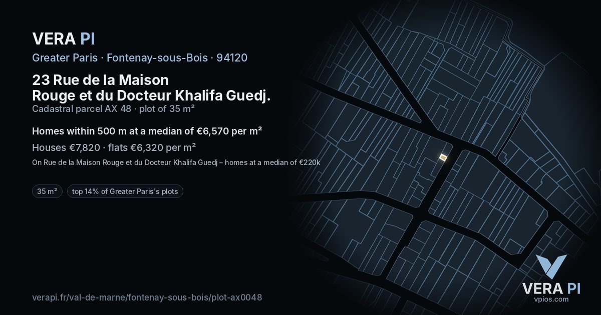 23 Rue de la Maison Rouge et du Docteur Khalifa Guedj, Fontenay-sous-Bois at night – the plot lit, the parcels around coloured by the prices near them