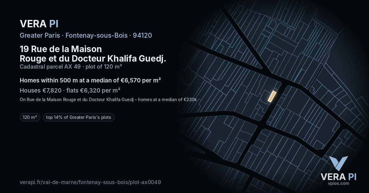 19 Rue de la Maison Rouge et du Docteur Khalifa Guedj, Fontenay-sous-Bois at night – the plot lit, the parcels around coloured by the prices near them