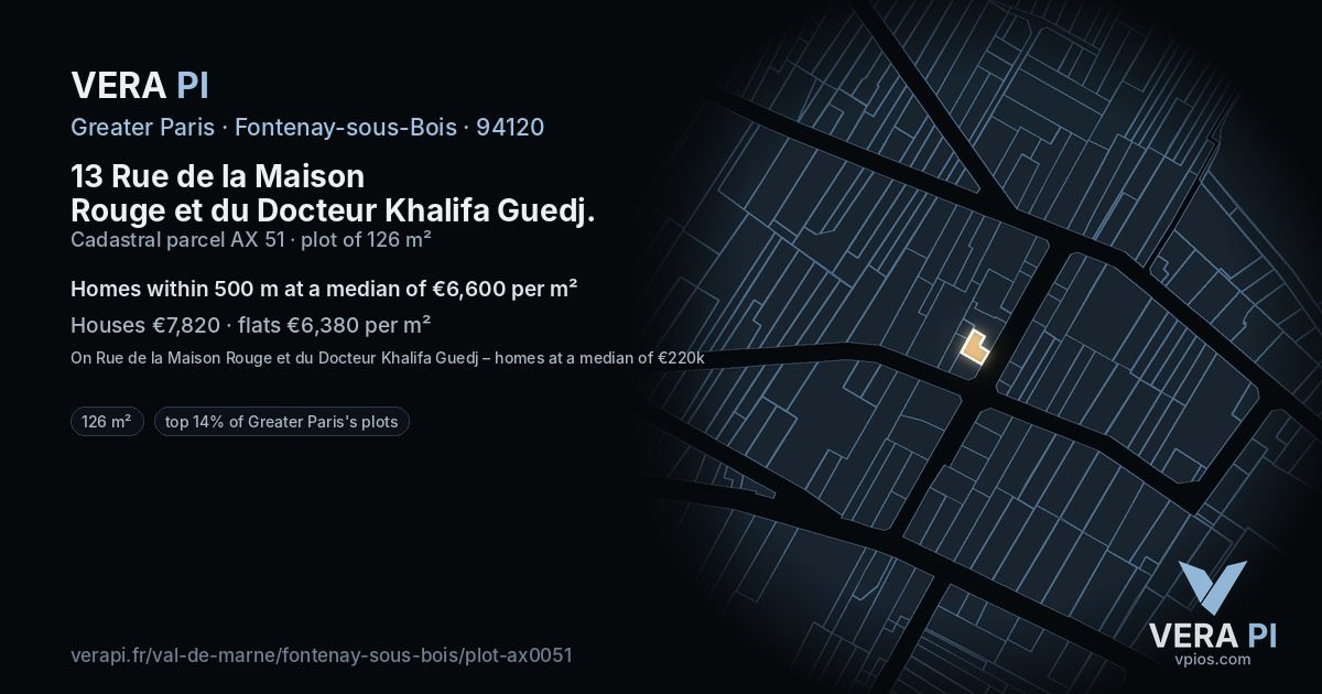 13 Rue de la Maison Rouge et du Docteur Khalifa Guedj, Fontenay-sous-Bois at night – the plot lit, the parcels around coloured by the prices near them