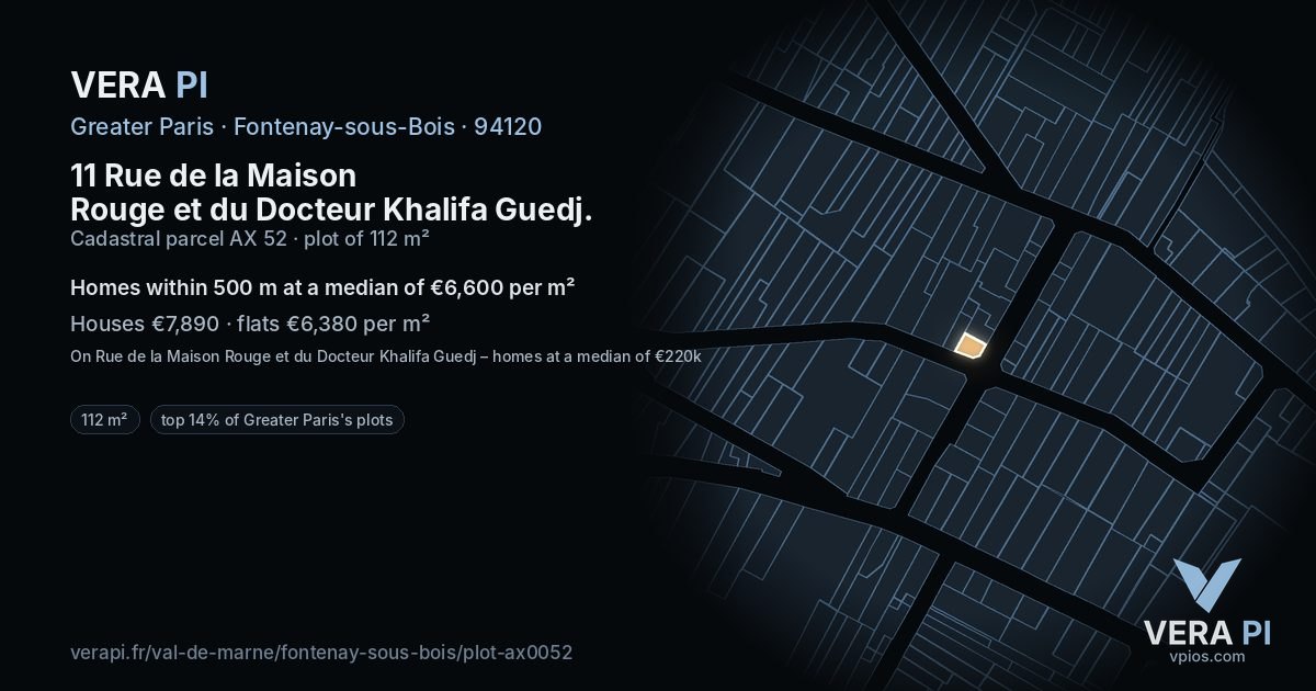 11 Rue de la Maison Rouge et du Docteur Khalifa Guedj, Fontenay-sous-Bois at night – the plot lit, the parcels around coloured by the prices near them