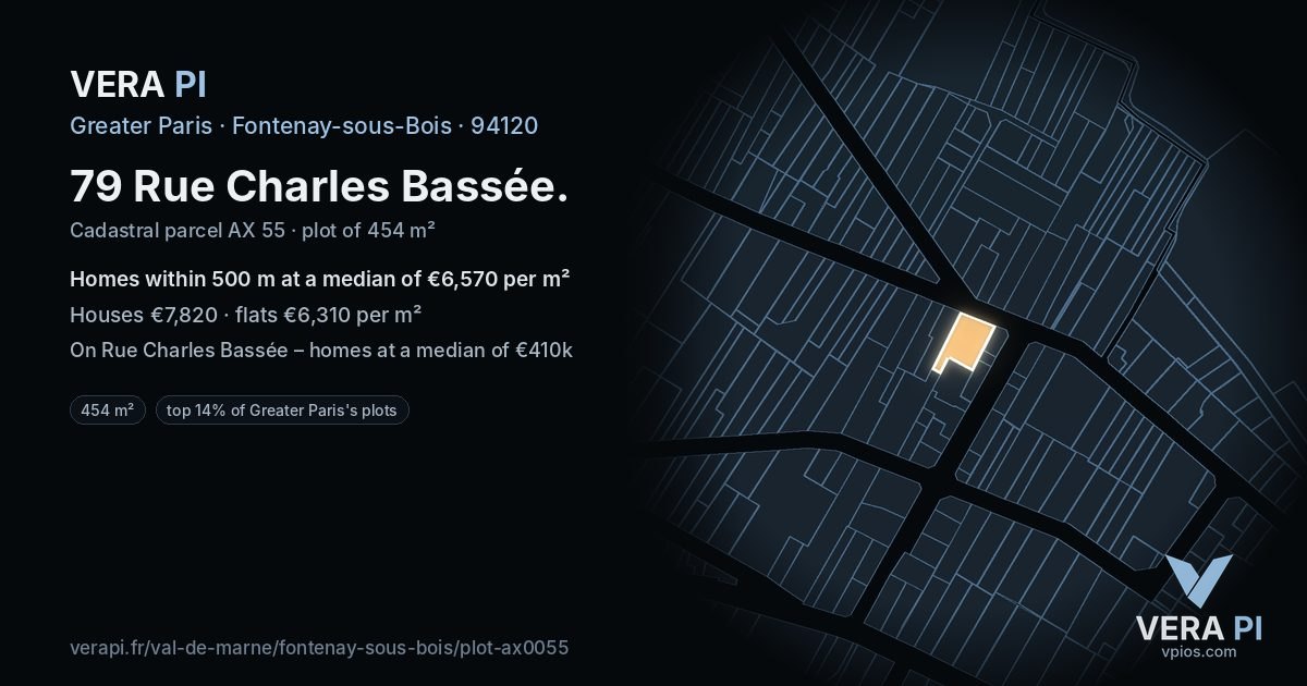 79 Rue Charles Bassée, Fontenay-sous-Bois at night – the plot lit, the parcels around coloured by the prices near them